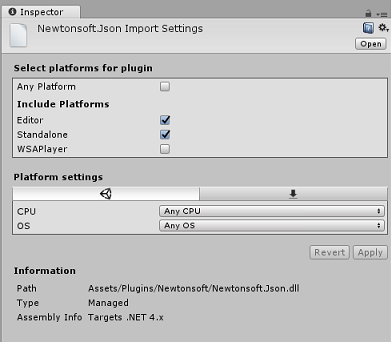 Screenshot that shows the correct selections for the Newtonsoft plugin.