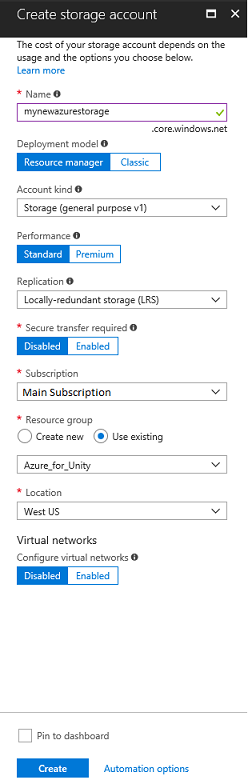 Screenshot of the create storage account page.