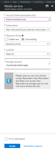 Screenshot of the Create Media Service Account page.