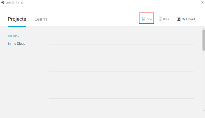 Screenshot of Unity projects tab. The New button is highlighted.