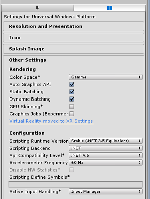 Screenshot showing the Settings for Universal Windows Platform page.