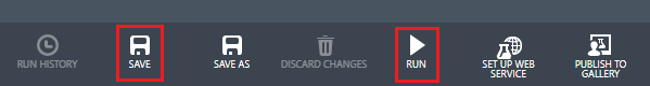 Screenshot of the Experiment Canvas menu, which shows the highlighted Save and Run buttons.