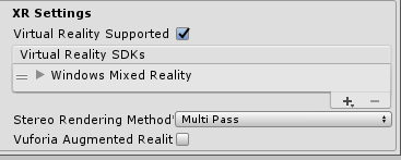 Screenshot of the X R Settings tab, which shows the Windows Mixed Reality S D K underneath Virtual Reality S D K s is enabled.