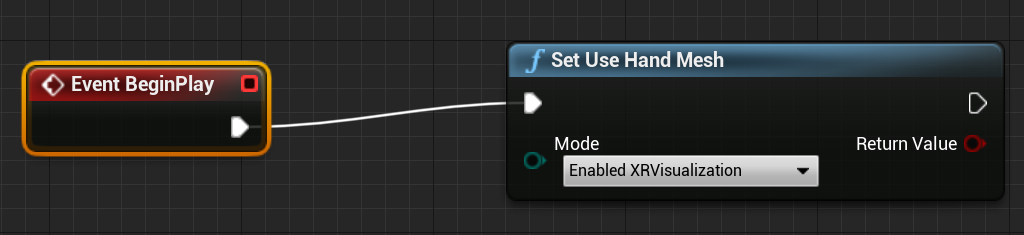 Blueprint of event begin play connected to set use hand mesh function with enabled xrvisualization mode