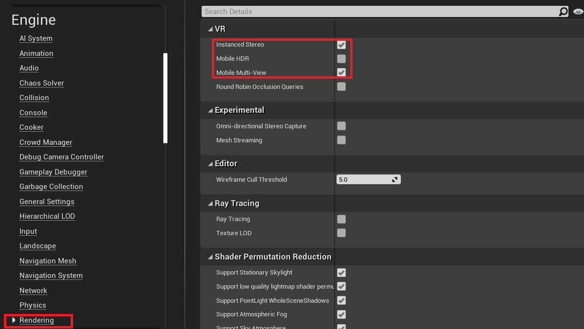 VR rendering settings