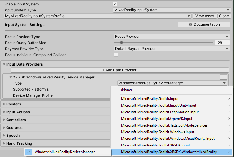 XR SDK input settings