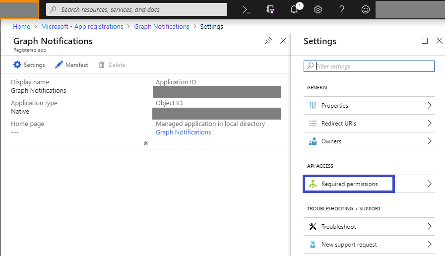 AAD Registration Portal – Setting – Required Permissions