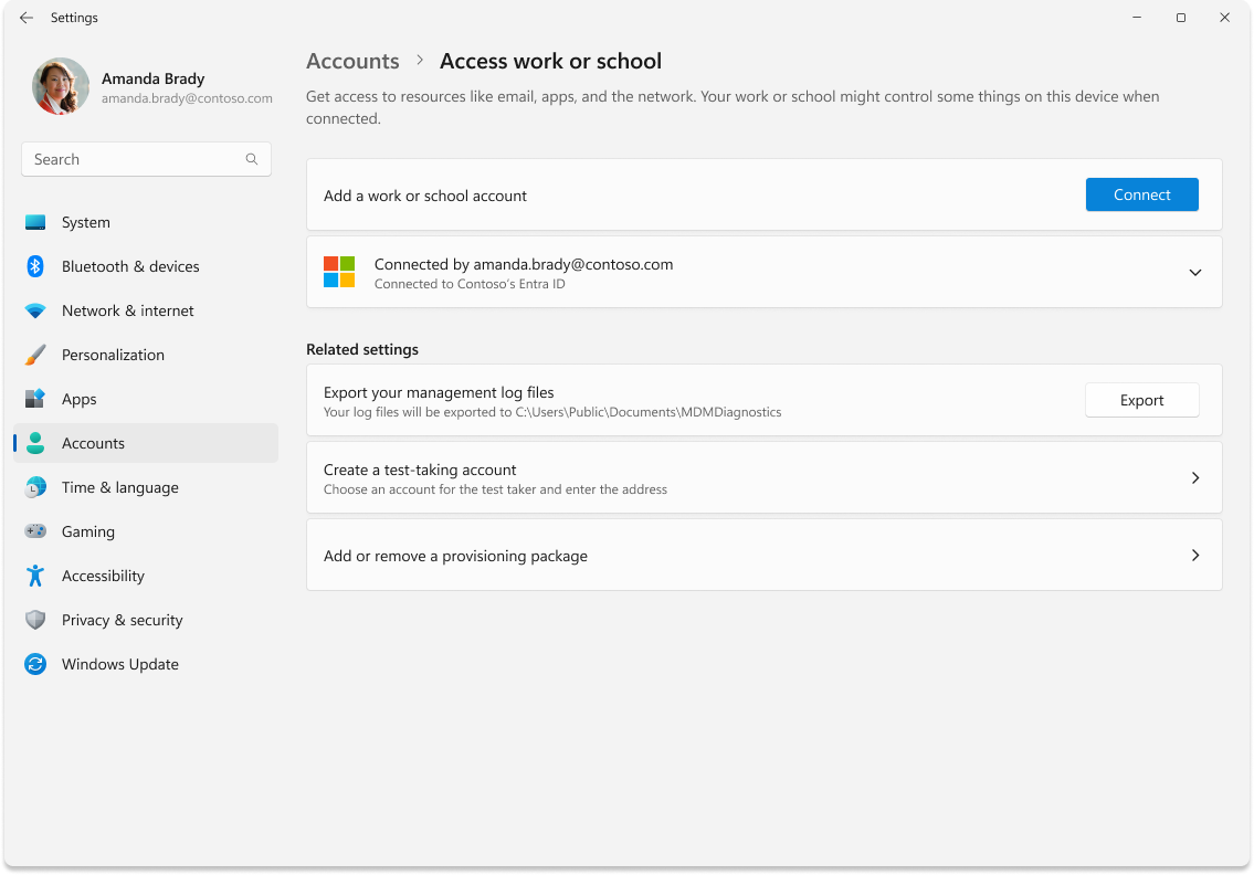 Screenshot of the add work or school account in Settings.