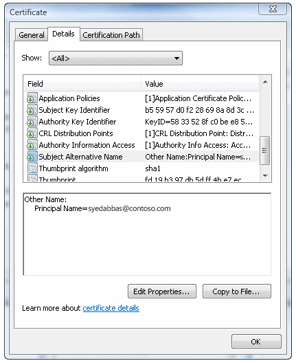 UPN in Subject Alternative Name field.