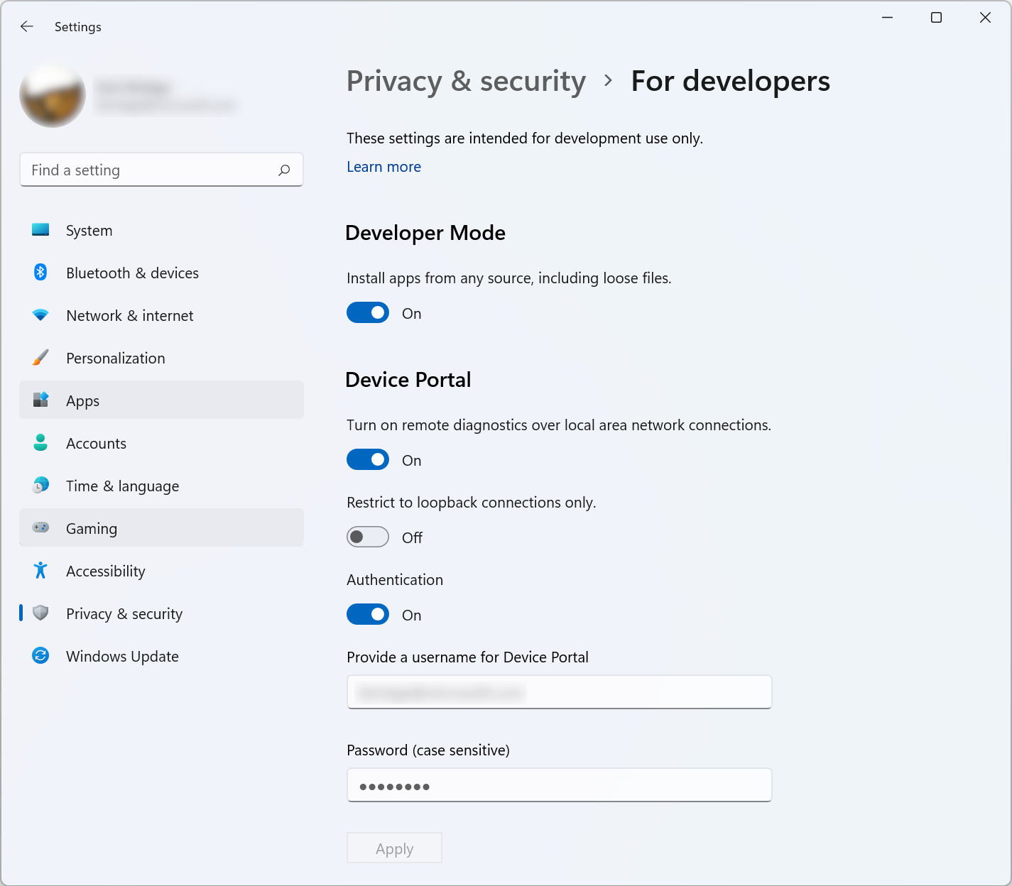 Windows Device Portal section of the Settings app