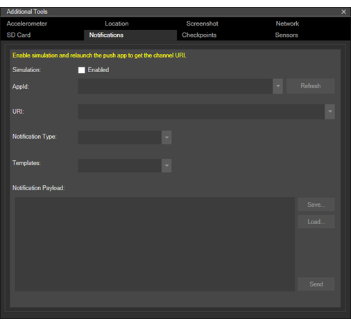 Notifications page in Additional Tools for the Emulator