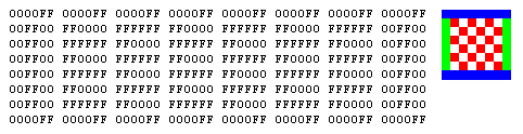 illustration of a matrix of hexadecimal values, followed by the bitmap image that the numbers represent