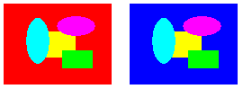 illustration showing two versions of a multicolored image; the red region in the first version is blue in the second version