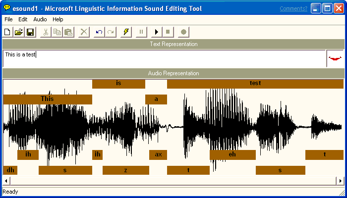 Screenshot that shows the 'Text Representation' and 'Audio Representation' panes in the Microsoft Linguistic Information Sound Editing Tool.