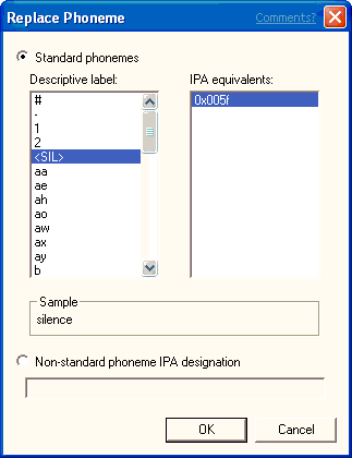 Screenshot that shows the 'Replace Phoneme' dialog, with '<SIL>' selected as the descriptive label.