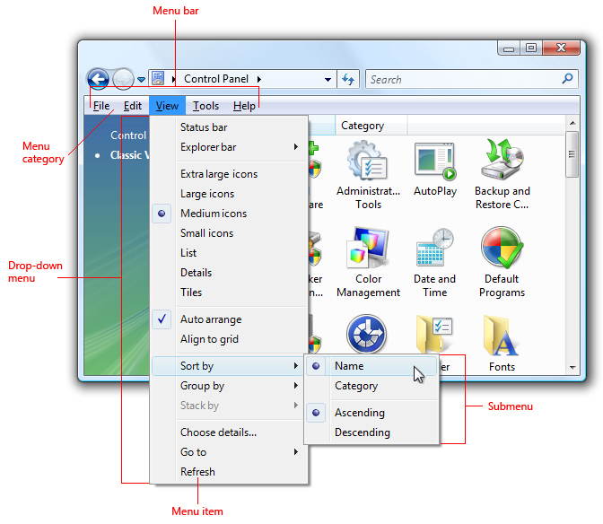 screen shot of menu bar with menu and submenu 