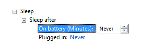screen shot of 'sleep after (never)' spin control 