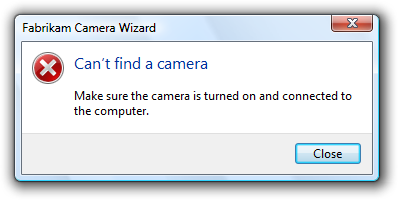 Screen shot of message: Can't find a camera 