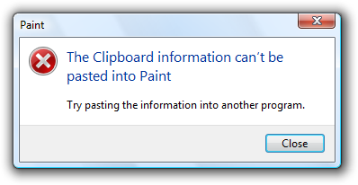 Screen shot of message: Data can't be pasted 