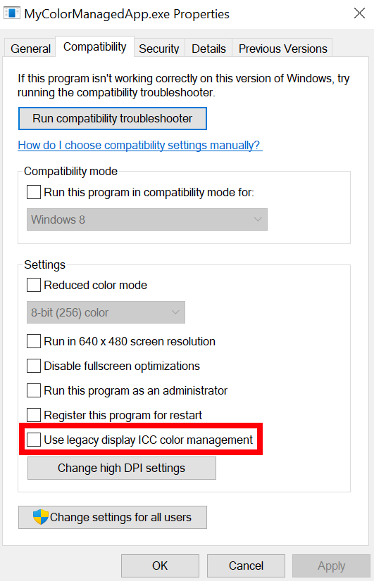 UI to enable display ICC compatibility helper for an executable