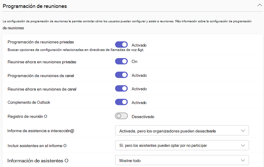 Captura de pantalla de las directivas de programación de reuniones de Teams en el Centro de administración de Teams.