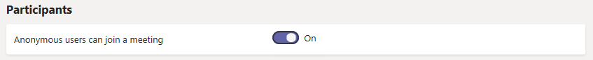 Captura de pantalla de la configuración de participantes para las reuniones en el Centro de administración de Teams.