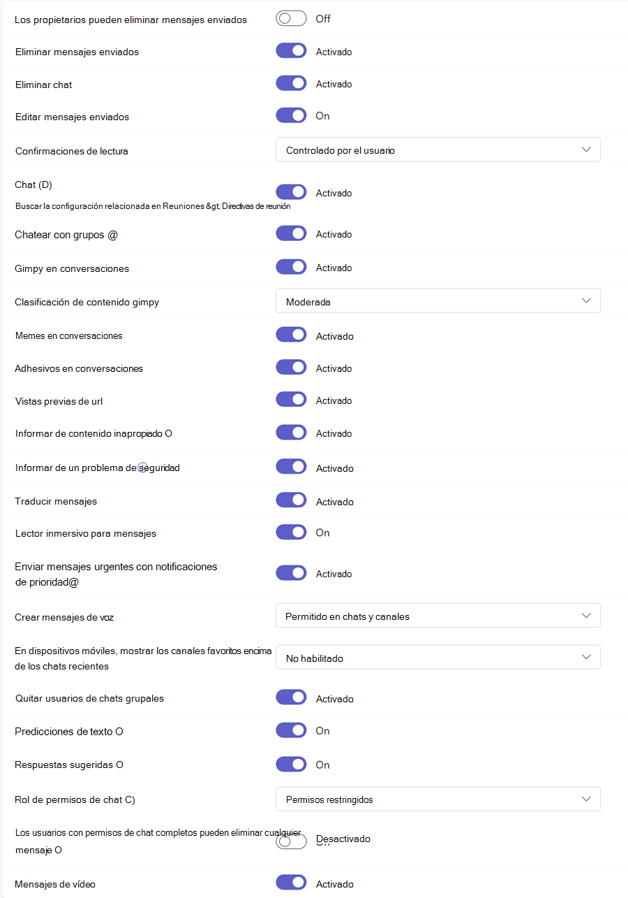 Captura de pantalla de las directivas de mensajería de reuniones de Teams en el Centro de administración de Teams.