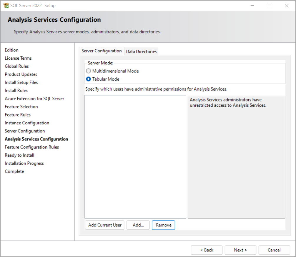 Página de instalación con opciones de configuración de Analysis Services