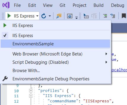 Inicio de IIS Express en el menú