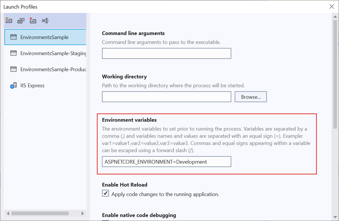 Variables de entorno de configuración de las propiedades del proyecto