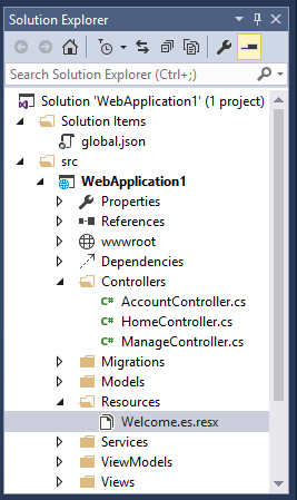 Archivo de recursos de bienvenida en español (es) en el Explorador de soluciones