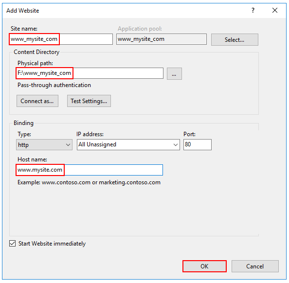 Proporcione el nombre del sitio, la ruta de acceso física y el nombre de host en el paso Agregar sitio web.