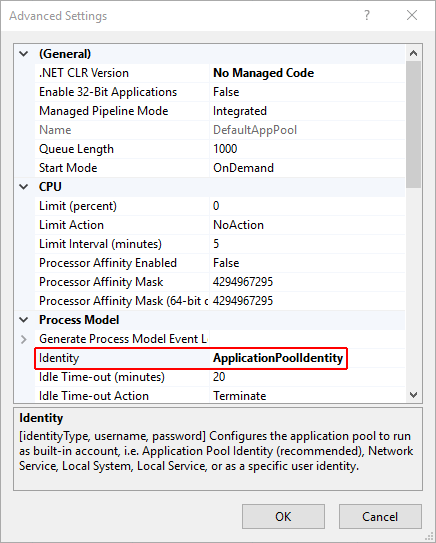 Cuadro de diálogo Configuración avanzada del grupo de aplicaciones