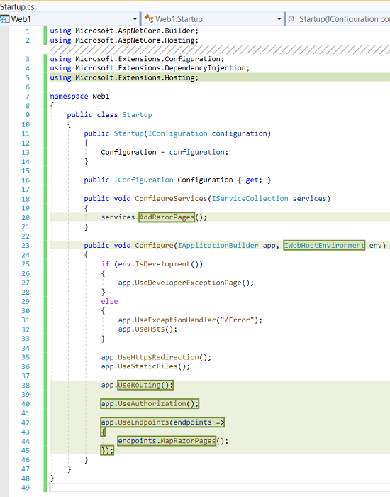 las líneas agregadas y modificadas en la aplicación web Razor ASP.NET Core 3.0