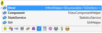 Menú contextual de IntelliSense de un símbolo @ de tipo que enumera los campos Html, componente, StatsService y URL