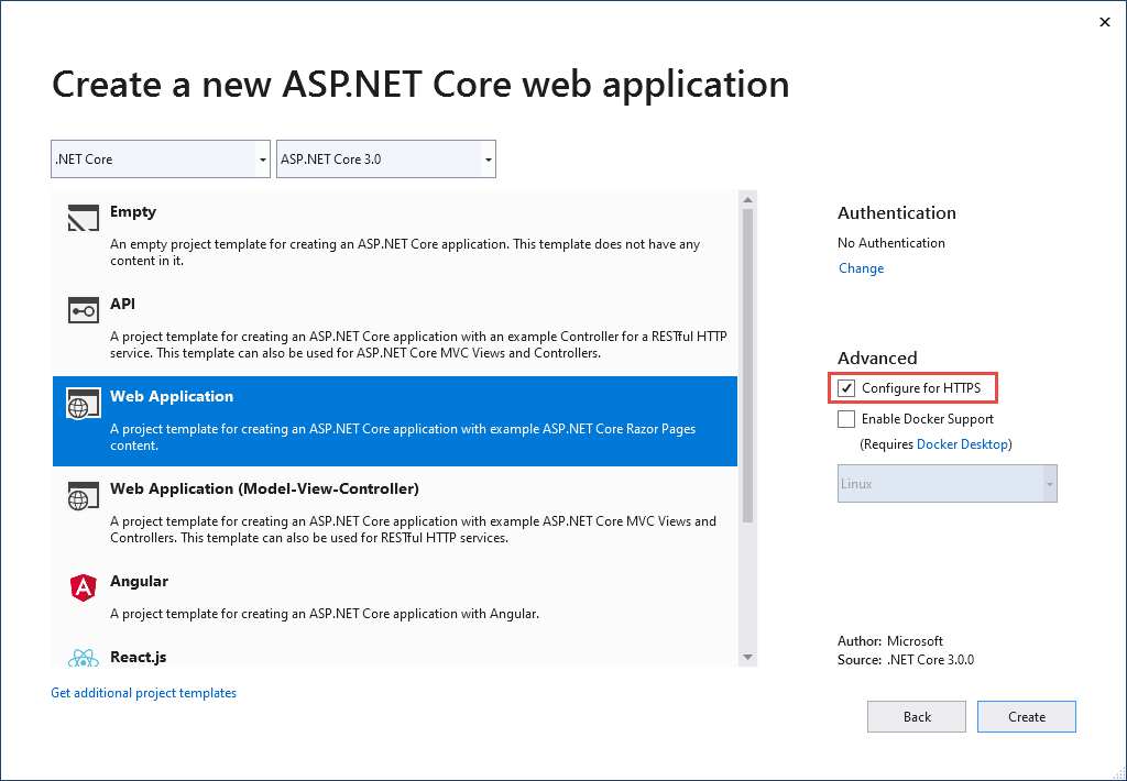 Nuevo cuadro de diálogo de la aplicación web de JavaScript Core que muestra la casilla de verificación Configurar para HTTPS sin seleccionar.