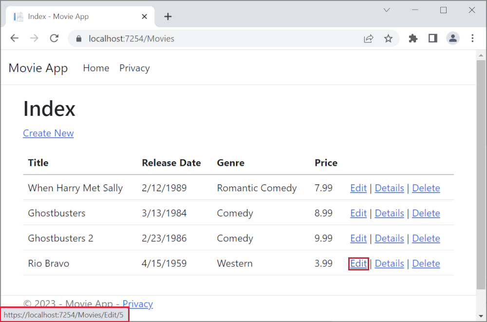 Ventana del explorador con el mouse sobre el vínculo Editar donde se muestra una dirección URL de vínculo https://localhost:5001/Movies/Edit/5