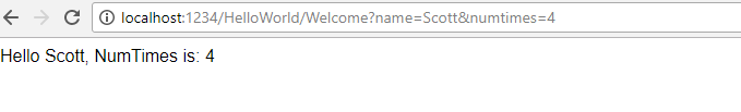 Screenshot that shows a browser window with the U R L local host colon 1 2 3 4 forward slash Hello World forward slash Welcome question mark name equals Scott and num times equals 4. The text in the window is Hello Scott Num Times is 4.