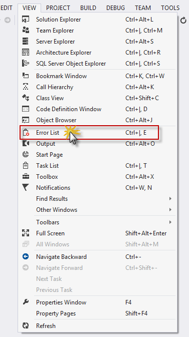 Error List in View menu