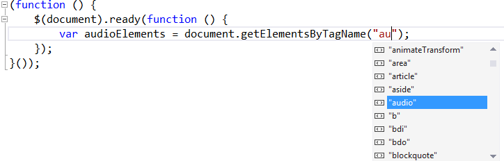 Showing IntelliSense for the getElementByTagName method