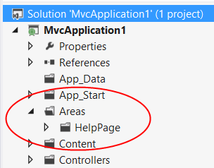 Screenshot of the Web A P I project template's menu options, circling the area and help page folders.