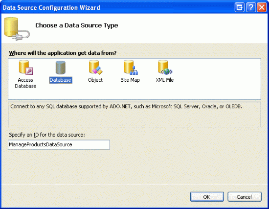 Create a New SqlDataSource Named ManageProductsDataSource