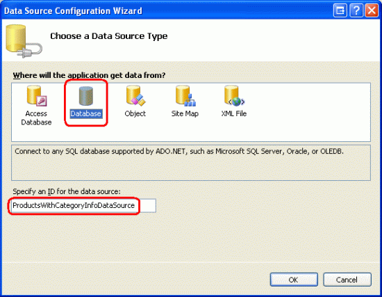 Crear un nuevo control SqlDataSource denominado ProductsWithCategoryInfoDataSource