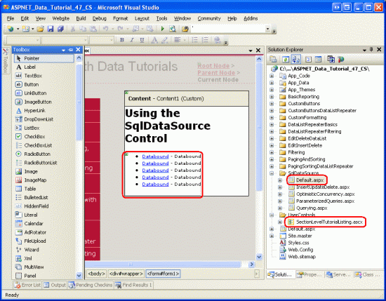 Agregar el control de usuario SectionLevelTutorialListing.ascx a Default.aspx