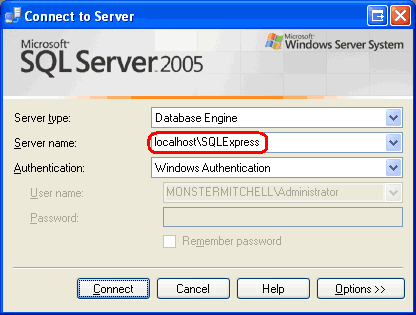 Recorte de pantalla que muestra la ventana Conectar con el servidor de SQL Server Management Studio.