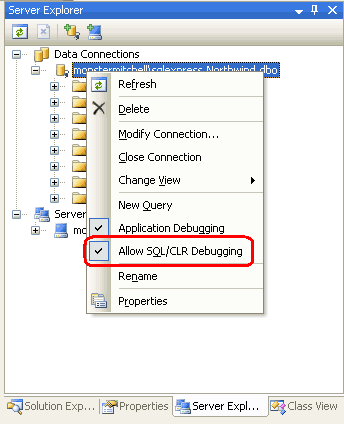 Asegúrese de que la base de datos permite la depuración de SQL/CLR