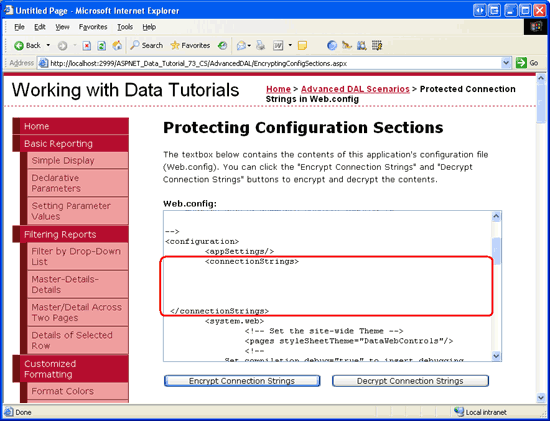 Captura de pantalla que muestra la página EncryptingConfigSections.aspx cargada en un explorador web.