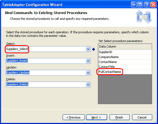 Ejecución del Asistente para configurar TableAdapter para actualizar las columnas de DataTable