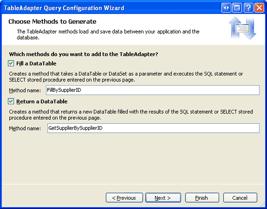 Asignación de los nombres FillBySupplierID y GetSupplierBySupplierID a los métodos de TableAdapter