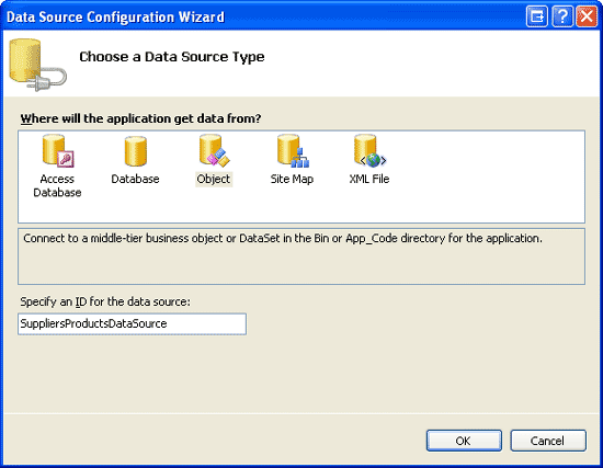 Crear un nuevo ObjectDataSource denominado SuppliersProductsDataSource